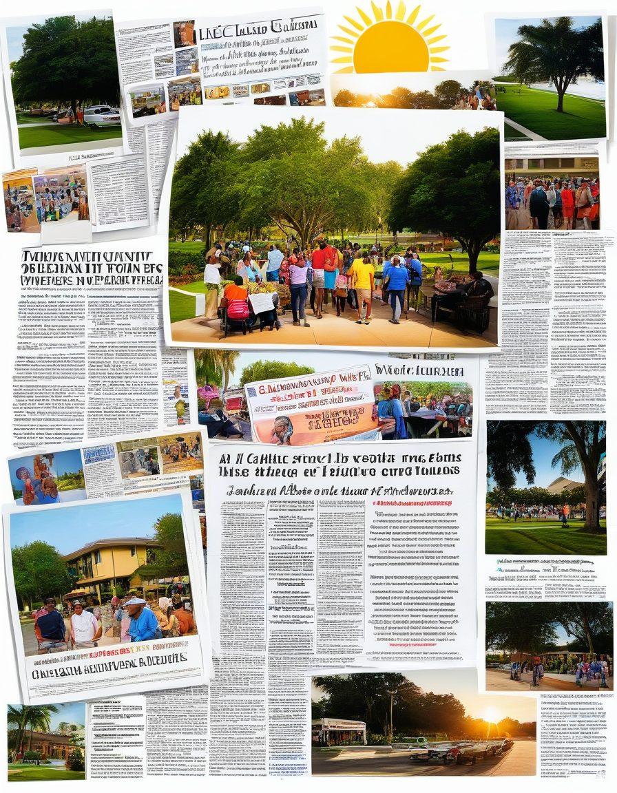 A vibrant collage showcasing key highlights of Lauderdale Lakes community life, including a diverse group of residents engaging in local events, lush parks, and iconic landmarks. Add a newspaper motif in the background with headlines about community news, and incorporate a bright sun shining down. The colors should be lively, emphasizing community spirit and unity. super-realistic. vibrant colors. white background.