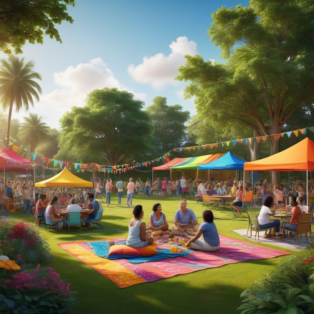 A vibrant community gathering at Lauderdale Lakes with diverse groups of people engaging in various activities, surrounded by lush greenery and lively public spaces. Include banners indicating events, cheerful atmosphere, families enjoying picnics, and children playing in the background. Emphasize a sense of connection and community spirit. bright colors. 3D illustration.