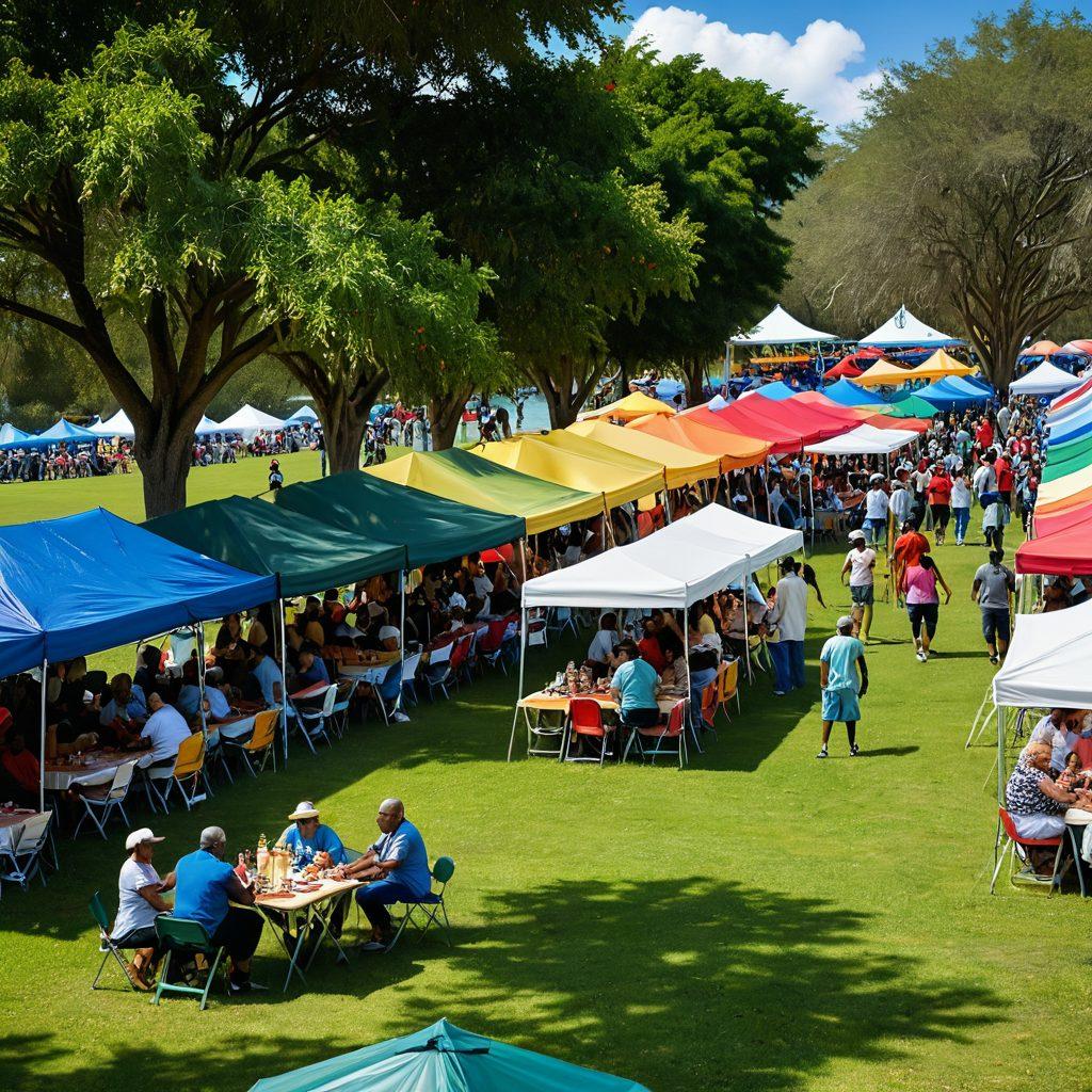 A vibrant scene showcasing a diverse group of people engaging in various activities at Lauderdale Lakes, featuring colorful outdoor events, live music, food stalls, and families enjoying the sun. The backdrop highlights lush greenery and a serene lake reflecting lively activities. The atmosphere is festive and welcoming, inviting viewers to join in the fun. super-realistic. vibrant colors. outdoor setting.